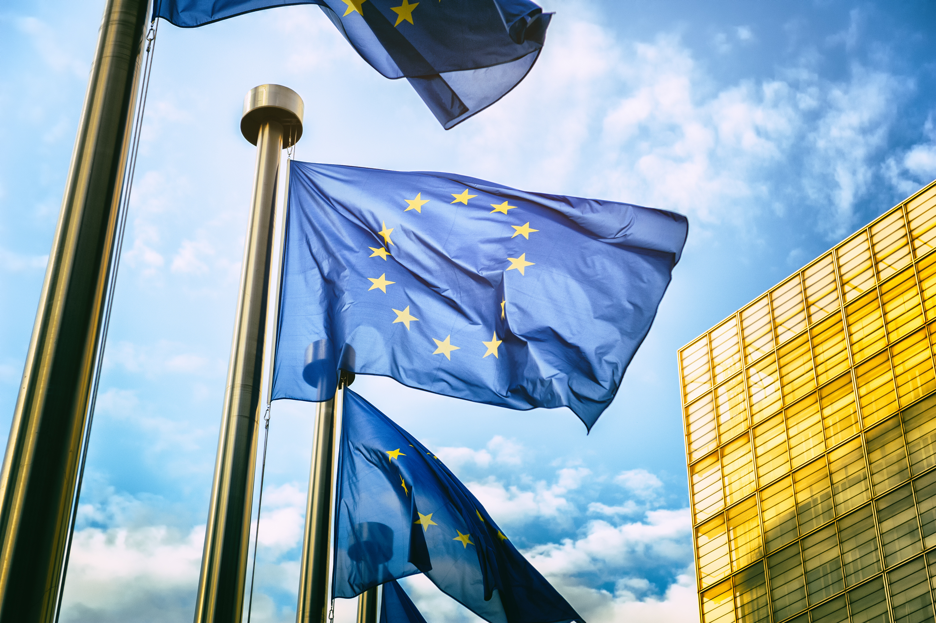 Waving EU flags in front of European Commission in Brussels